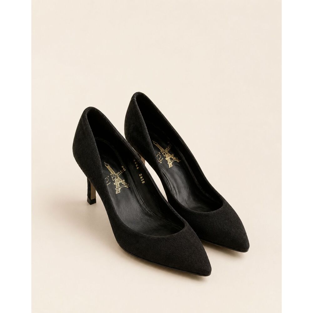 L'Amour Black Suede Pointed Toe Stiletto Pumps Leather Sole Classic Heels 8.5